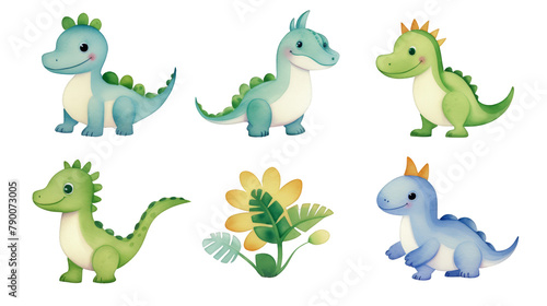 Cute baby dinosaurs painted in soft watercolors  ideal for decorating a nursery or celebrating a new arrival  gentle and adorable  watercolor  cartoon