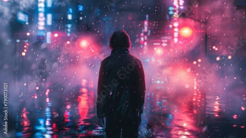 A lone figure stands in the rain surrounded by the bright lights of the city.