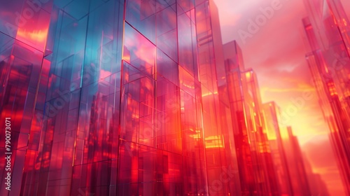 A 3D rendering of a city made of glass skyscrapers with a red and blue sky