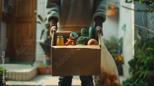 A person holding an open box of food items. including vegetables and cans
