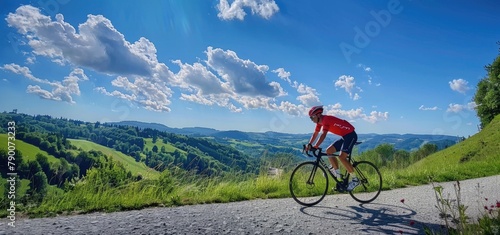 Mountain bicycle rider on the hill with bike