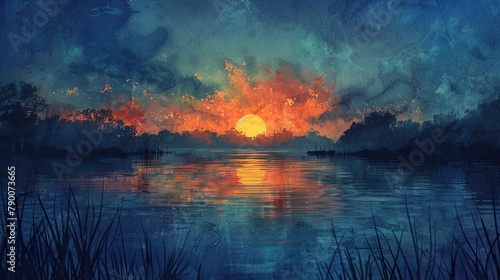 Painting of a lake and sunset in an impressionist style #790073665