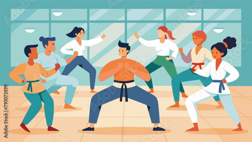 A diverse group of students learn valuable defensive techniques in a friendly supportive atmosphere during their Martial Arts Defensive Tactics