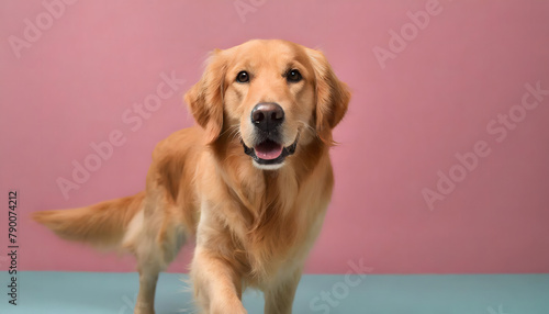 Portrait of golden retriever in front of pink background. Dog wallpaper.