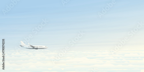 Airplane side view flying above the clouds with blue sky background vector illustration.