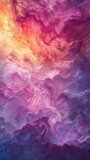 An abstract painting featuring vibrant shades of purple, yellow, and pink creating the illusion of a cloud-like formation