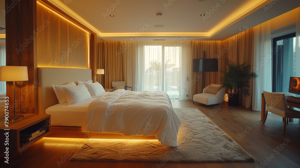 Modern style hotel room. Double bed. Comfortable, contemporary, stylish hotel room. Travel. Tourism. Vacation. Modern style hotel room. Double bed. Comfortable, contemporary, stylish hotel room. Travel. Tourism. Vacation.
