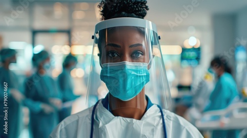 A black female doctor wearing a protective face mask in a modern hospital. photo