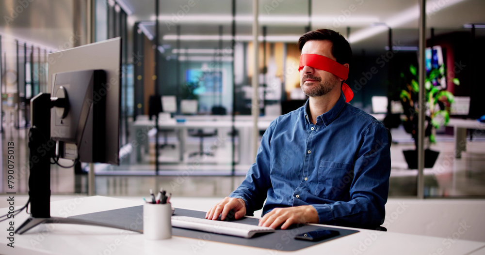 Confused Blindfolded Man Concept. Office Worker - obrazy, fototapety, plakaty 