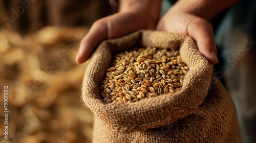 Farmer's gands holding a sack with golden wheat grain seeds after the harvest photo