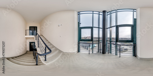 hdri 360 panorama view in empty modern hall near panoramic windows with columns, staircase and doors in equirectangular full spherical projection, ready for AR VR content