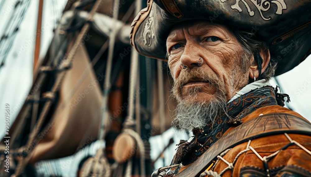 Fototapeta premium Portrait of a pirate at sea. Adventurous and historical character concept