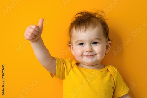 Laughing baby boy against yellow background.