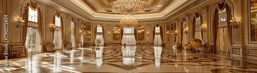 Luxurious ballroom interior with grand chandeliers. Elegant event venue and architecture design