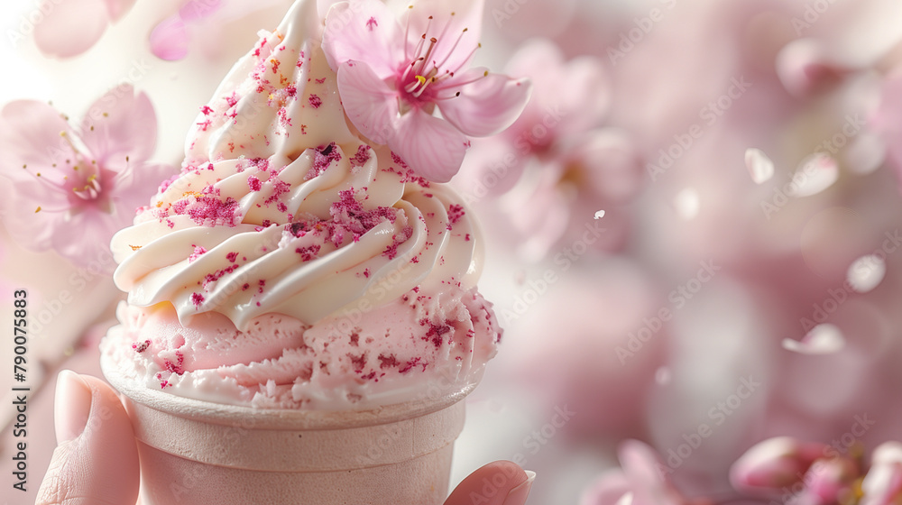 Hand holding ice cream cone with cherry blossoms, pink flowers bloom in background. spring and summer delight. Hand holding ice cream cone with cherry blossoms, pink flowers bloom in background. spring and summer delight.