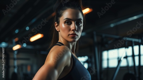 Woman posing in sportswear in a gym looking powerful, strong, and confident © Mechastock