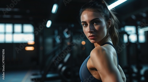 Woman posing in sportswear in a gym looking powerful, strong, and confident