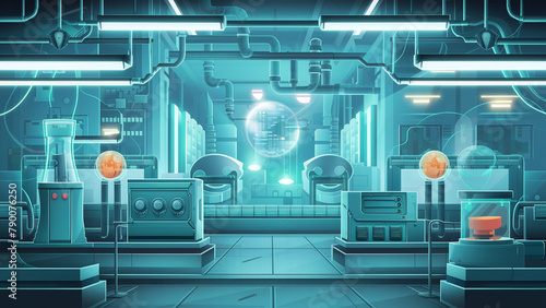 Illustration of a laboratory. Metal surfaces, shining neon lights and various high-tech devices.