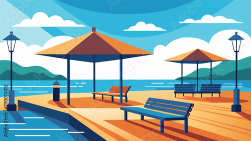 A waterfront pier with benches and shade structures providing a peaceful setting for relaxation and waterfront gatherings.