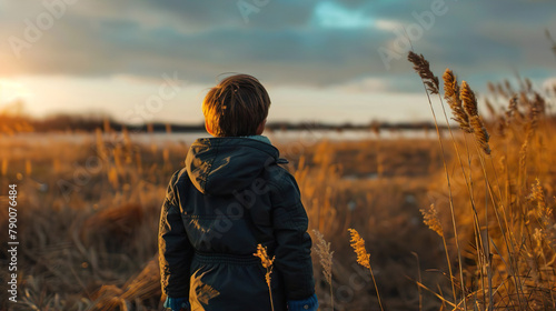 A contemplative young boy stands gazing at the sunset over golden fields, immersed in the beauty of the landscape.  © Karen