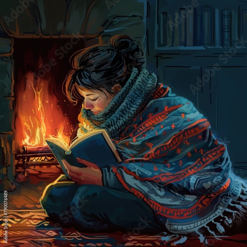 A girl is reading a book by the fireplace.