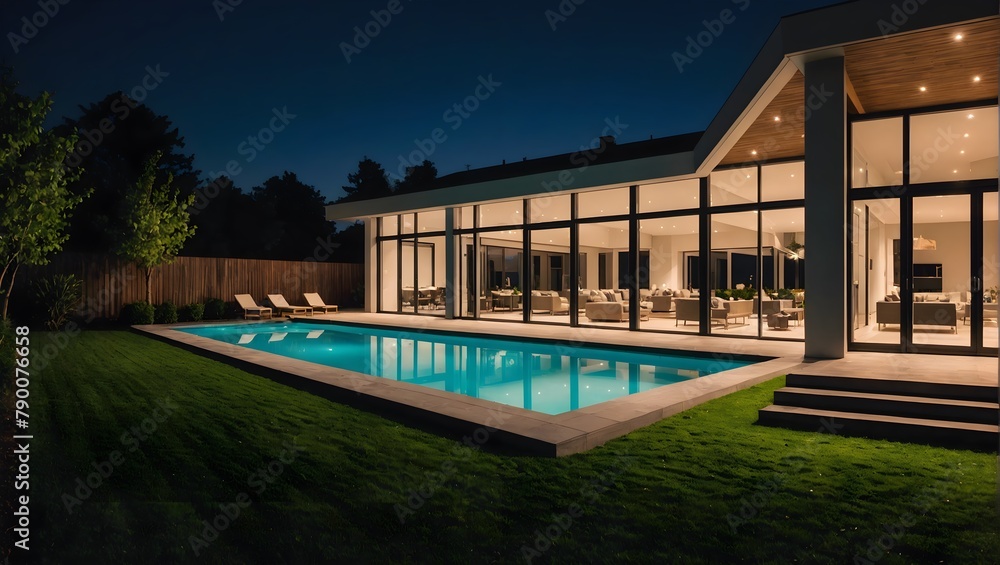 Panoramic-photo-of-modern-house-with-outdoor-and-indoor-lighting--at-night