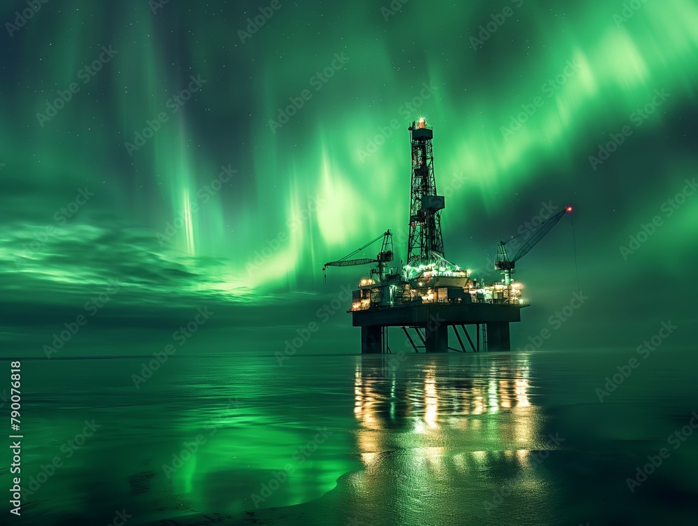 An offshore oil rig stands under the captivating dance of green Northern Lights with reflections in the calm sea.