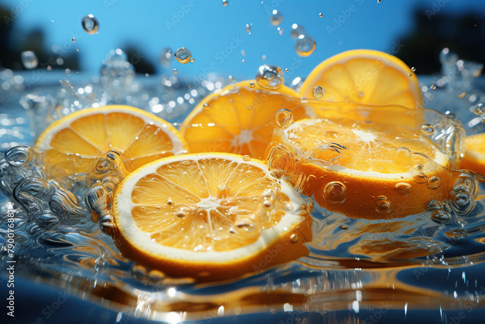 Creative illustration of oranges floating in water Creative illustration of oranges floating in water