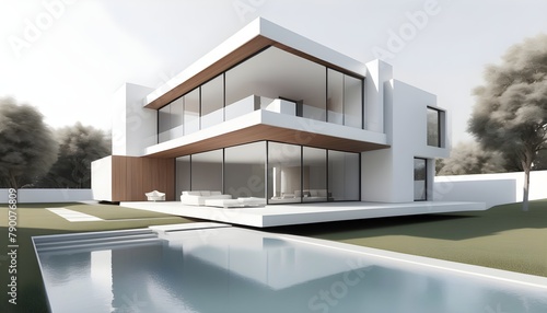 Architecture-3d-rendering-illustration-of-modern-minimal-house-on-white-background photo