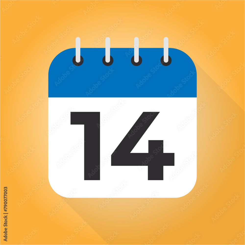 Calendar day 14. Number 14 on a white paper with blue border on orange background vector. 14th Day. Calendar day 14. Number 14 on a white paper with blue border on orange background vector. 14th Day.