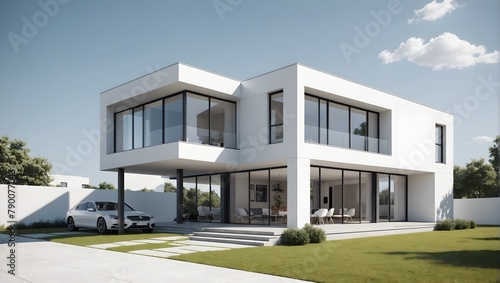 3D-rendering-illustration-of-modern-minimal-house-with-light-reflection-on-ground-with-white-background photo