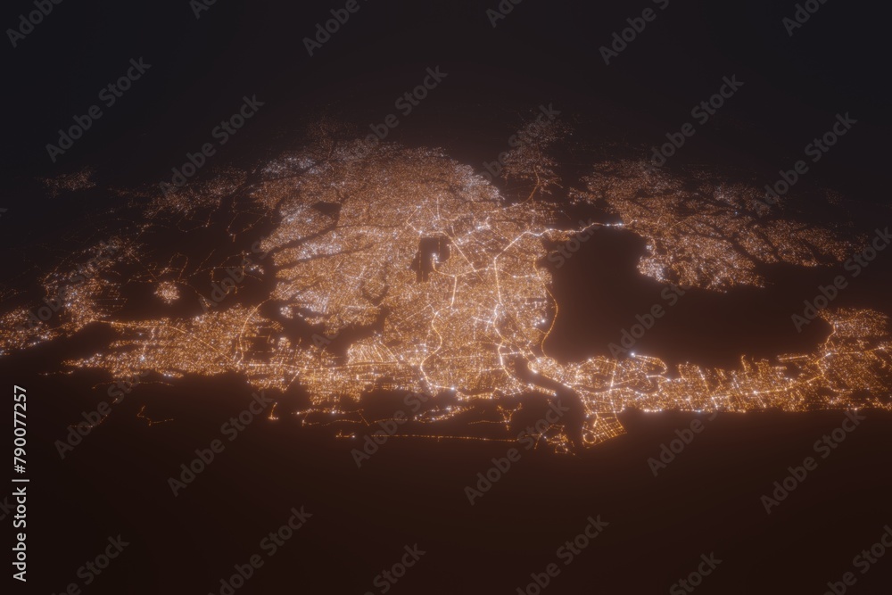 Aerial view on Lagos (Nigeria) from south. Top view on modern city at night from satellite