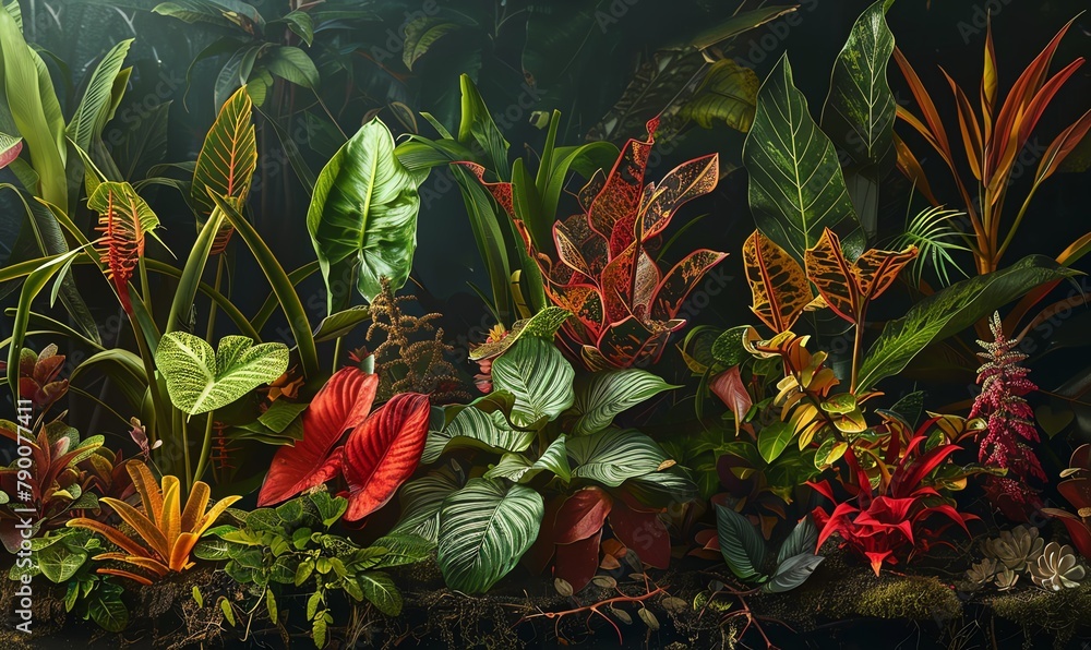 Obraz premium Illustrate a traditional art medium piece of a long shot view of a rare plant collection, emphasizing intricate details and textures with rich, deep shades in an oil painting style