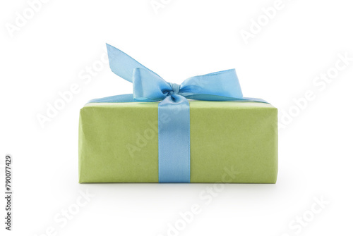 Green paper present box with blue ribbon bow isolated on white background