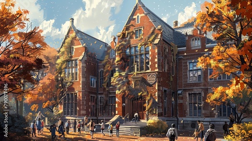 Majestic illustration of an old brick school building with ivy climbing the walls, students bustling in the foreground under autumn trees