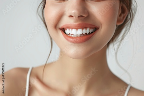 Beautiful smile of young woman with healthy white teeth on white background, Dental care. Dentistry concept - generative ai