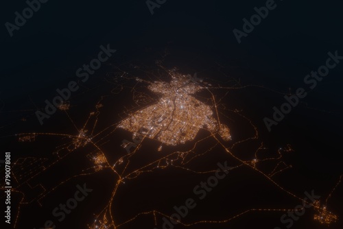 Aerial view on Kirkuk (Iraq) from south. Top view on modern city at night from satellite