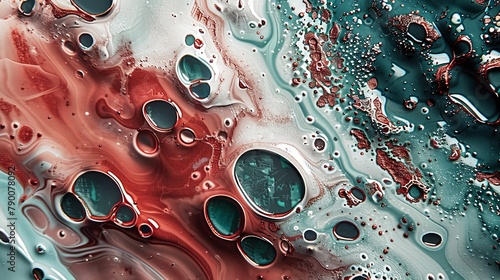 A detailed view showing a liquid containing colorful red and blue bubbles floating inside