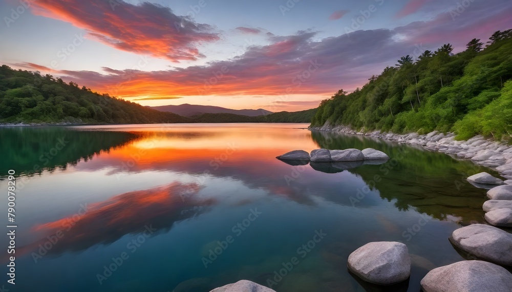 Tranquil Sunset Over Lakeside Rocks