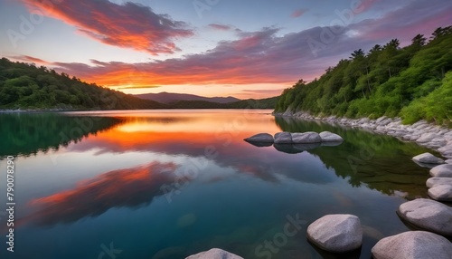 Tranquil Sunset Over Lakeside Rocks