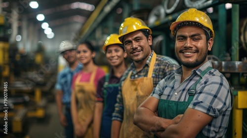 Group of happy Latin American workers in factory looking at camera and smiling