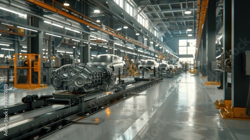 Image of worker on assembly line with motor engine at factory
