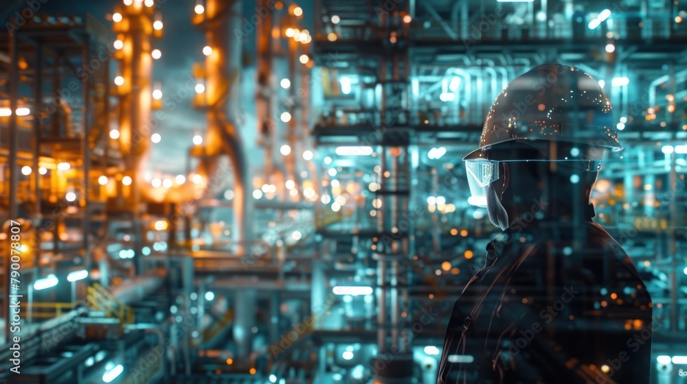 Industry 4.0 of refinery oil and gas refining process, double exposure of engineer working, industrial energy system concept Industry 4.0 of refinery oil and gas refining process, double exposure of engineer working, industrial energy system concept
