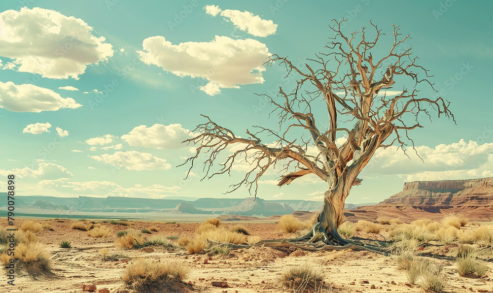A dead tree, alone, in a barren landscape. The sun is scorching The ground is cracked and dry. global warming concept
