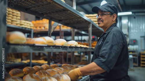 Latin American baker moving a rack of bread trays at an industrial bakery photo