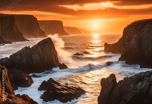 Dramatic Ocean Sunset with Crashing Waves on Rocks