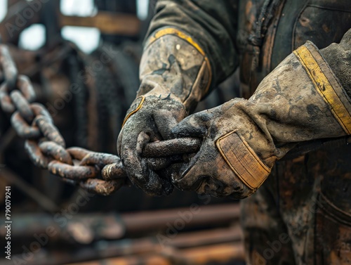Close-up of a worker's hands in protective gloves holding a large metal chain, symbolizing hard labor and industry