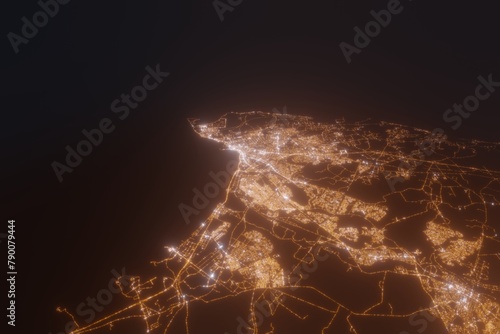 Aerial view on Port Elizabeth (South Africa) from north. Top view on modern city at night from satellite