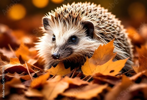 Adorable Hedgehog Curled Up in Fall Leaves photo