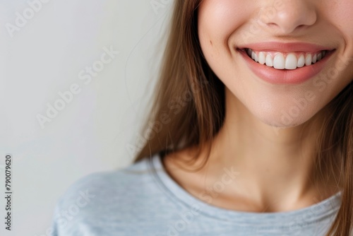 Beautiful smile of young woman with healthy white teeth on white background  Dental care. Dentistry concept - generative ai